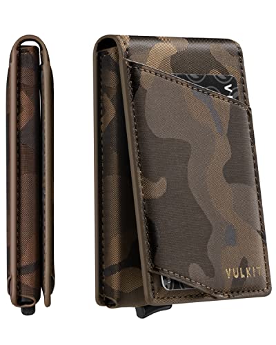 VULKIT Minimalist Wallet for Men Pop Up Credit Card Holder Slim Bifold Wallets RFID Blocking Magnetic Closure with Gift Box Desert Camouflage