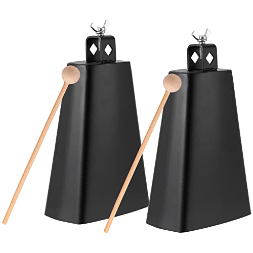 MANCHAP 2 Pack 8 Inch Cow Bell with Stick, Cowbells Noise Makers with Handle, Metal Cowbell for Drum Set, Sports, Home, Farm, Black