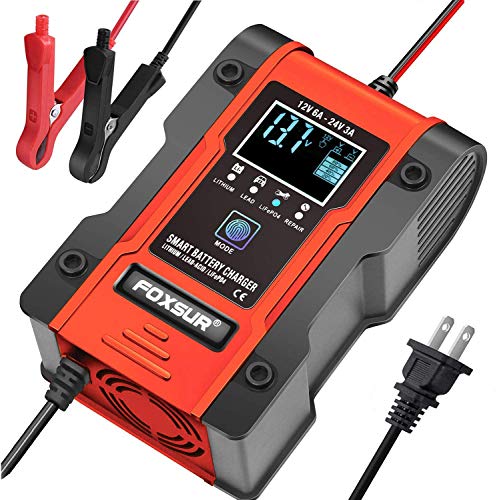 FOXSUR [New Upgrade] Lithium Battery Charger, 12V/24V 6Amp Full Automatic Intelligent Car Battery Charger(lithium batteries, lead-acid batteries, Calcium, etc)/Maintainer Delivers 7 Stage Charging-Red