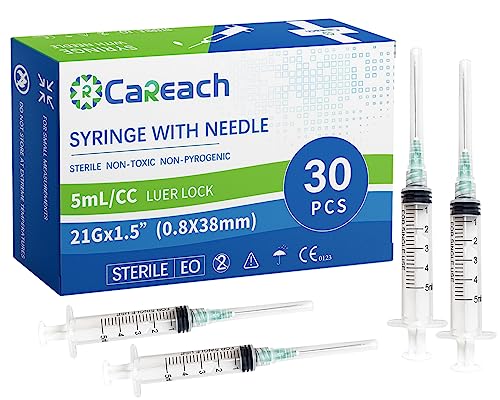 Careach 30 Pack 5mL Plastic Syringe with 21Ga 1.5inch, for Scientific Labs, Individually Wrapped