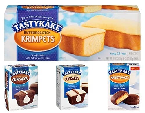 Tastykake Variety Pack | 4 Boxes | 1-Plain Krimpet | 1-Chocolate Creme Filling CC | 1-Buttercreme CC | 1-Peanut Butter Kandy Kakes