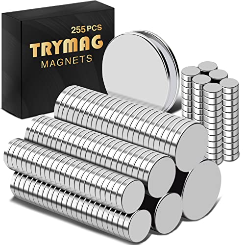 TRYMAG Small Strong Magnets, 6 Different Size, 255Pcs Rare Earth Magnets for Crafts, Heavy Duty Neodymium Magnets Round Refrigerator Magnets for Whiteboard, Billboard in Home, Kitchen, Office, School