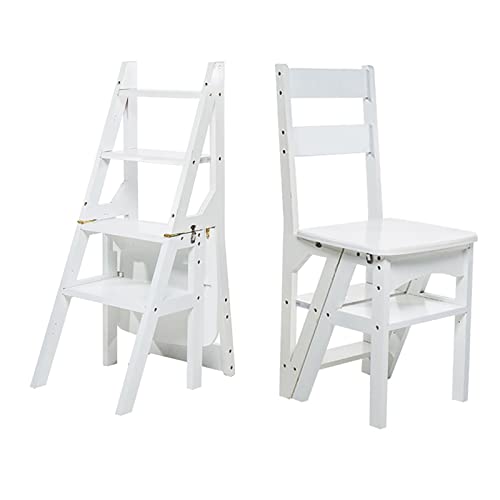 U&Q Solid Wood Folding Ladder Chair,Protable 4-Step Library Ladder,Convertible Folding Chair Step Stool Display Stand for Adults Office Home Kitchen Outdoor, White, 35x46x88cm(14x18x35inch)