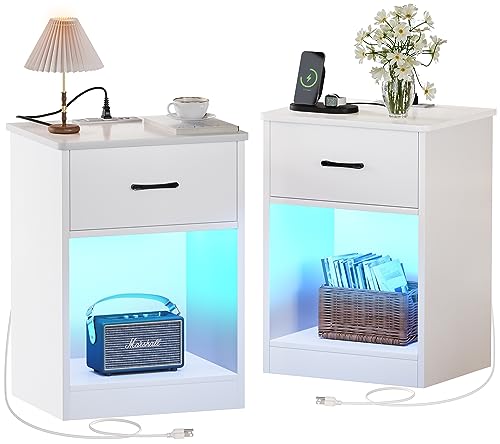 Huuger Nightstands Set of 2, Night Stands with Charging Station & LED Light Strips, Bedside Tables with Drawer, Side Tables Bedroom, End Tables with Open Storage, White