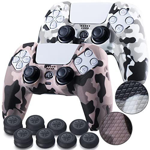 YoRHa Grip Texture Silicone Skin for PS5 Controller x 2(Print White+Champagne Gold) with Pro Thumb Grips x 8
