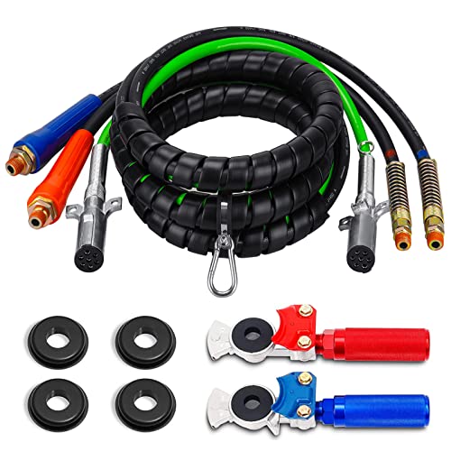 SEHNSUCHT 15Ft 3 in 1 ABS & Air Power Line Hose Kit Wrap 7 Way Electrical Cable and Airline Assembly with Glad Hands & Rubber Seals for Semi Trucks Trailer Tractor