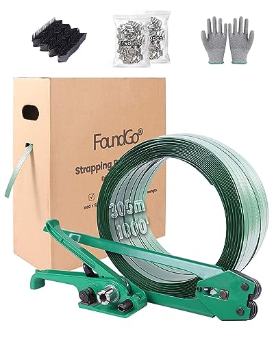 FoundGo PET Strapping Kit Heavy Duty Pallet Packaging Banding Metal Tool Tensioner Sealer 5/8"x1000' Polyester Strapping Roll Metal Seals Protect Corner 1500lbs Durable Waterproof and Rustproof
