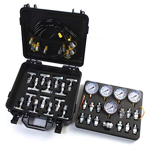 SINOCMP Hydraulic Pressure Test Kit with 5 Gauges, 5 Test Hoses and 13 Couplings and 14 Tee Connectors Hydraulic Test Gauge Kit Pressure Gauge Used for Excavators, 2 Years Warranty