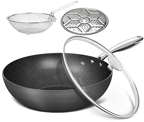 MICHELANGELO Nonstick Wok with Lid, Hard Anodized Wok Pan, Induction Wok 12 Inch, Large Wok Pan with Flat Bottom, Cooking Wok with Steamer Rack & Fry Basket, Woks and Stir Fry Pans - 5 Quart