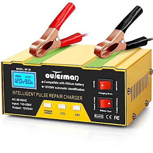 Outerman Car Battery Charger 12V 24V Lithium Battery Charger, Auto Battery Charger Maintainer for Car Boat Motorcycle Lawn Mower Lead Acid Battery or Lithium Battery Capacity: 6AH~105AH