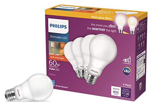 Philips LED Dimmable Warm Glow Effect A19, Flicker-Free, EyeComort Technology, 800 Lumen, 2200K-2700K, 8.8W=60W, E26 Base, Title 20 Certified, 4-Pack