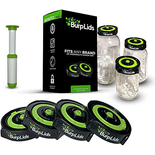 Burp Lids Curing Kit - Fits All Wide Mouth Mason Jar Containers - Home Harvesting Essentials Includes 4 Lids with Extraction Pump - Vacuum Sealed for successful Cure