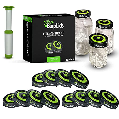 Burp Lids 12 Pack Curing Kit - Fits All Wide Mouth Mason Jar Containers - A Home Harvesting Essential. 12 lids + extraction pump. Vacuum sealed for successful cure.