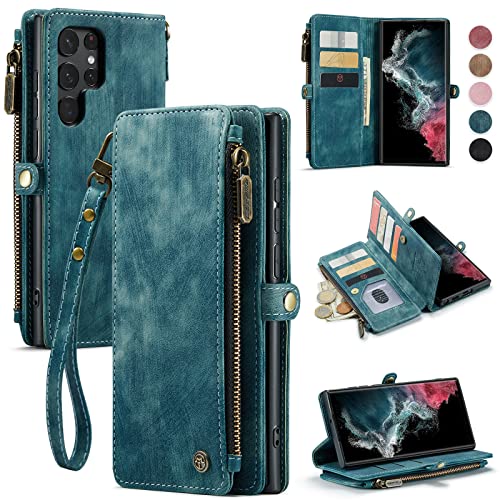 Defencase Samsung Galaxy S22 Ultra Case, Samsung S22 Ultra Wallet Case for Women Men, Durable PU Leather Magnetic Flip Strap Wristlet Zipper Card Holder Phone Case for Galaxy S22 Ultra, Blue Green