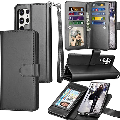 Tekcoo Wallet Case for Galaxy S22 Ultra, Luxury PU Leather ID Cash Credit Card Slots Holder Carrying Folio Flip Cover [Detachable Magnetic Hard Case] for Samsung S22 Ultra 5G 6.8" 2022 [Black]