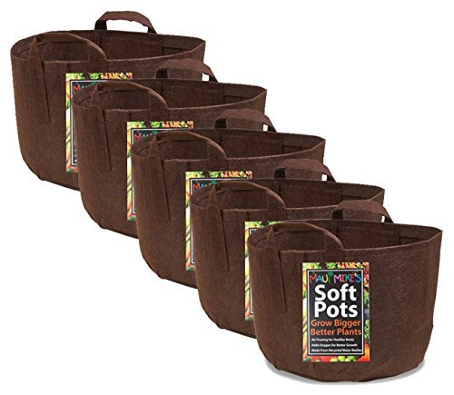 Soft POTS (5 Gallon) (5 Pack) Best Fabric Soft Pots and Grow Bags from Maui Mike's. Made of Thicker Material with Sewn Handles for Easy Moving. Grow Healthier Tomatoes, Herbs and Veggies.