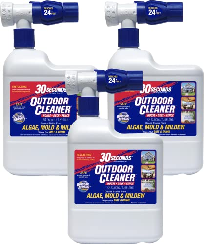 30 SECONDS Outdoor Cleaner - Rapid Results, Cleans Stains from Algae, Mold & Mildew, Dirt and Grime From Fences, Siding, Concrete, Deck - 64 oz. Hose End Spray Bottle (3 Pack)