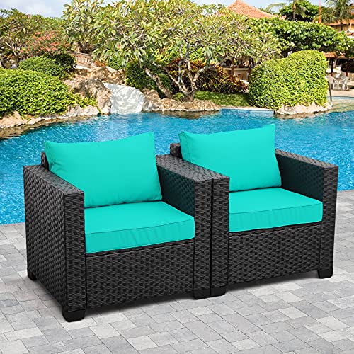 Patio Rattan Wicker Single Chair-Outdoor Armchair Sofa Furniture with Anti-Slip Turquoise Cushion,Steel Frame,Set of 2