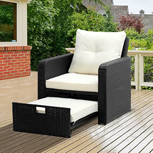 SENYUN Wicker Patio Single Sofa, Outdoor PE Rattan Convertible Couch Chair with Waterproof Thick Cushion, Easy Assemble Black Wicker Furniture Sofa for Lawn Pool Garden Backyard