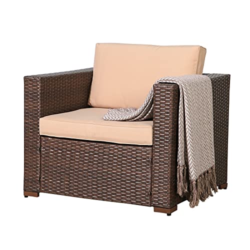 Patiorama Patio Single Sofa, Outdoor Armchair, All-Weather Brown PE Wicker Rattan Sectional Sofa, Additional Chair for Furniture Set, Patio Seating for Balcony Garden Porch Pool (Beige Cushion)