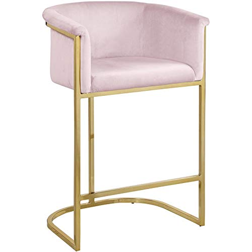 Meridian Furniture Donatella Collection Modern | Contemporary Velvet Upholstered Counter Height Stool with Durable Steel Base in Gold Finish, Pink, 23.5" W x 20" D x 36" H