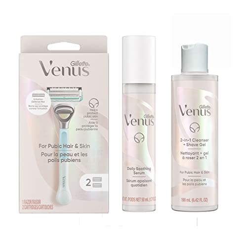 Gillette Venus For Pubic Hair And Skin Womens Shaving Kit, 1 Venus Handle, 2 Razor Blade Refills, 2 in 1 Cleanser And Shave Gel For Women 190mL, Daily Soothing Serum For Intimate Grooming 50mL