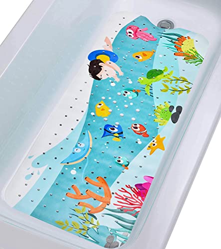Tubozadi Bath Mat for Tub for Kids Bathtub Mat Baby Non Slip Shower Mat Extra Long 40X16 Inch Toddler Anti Slip Bathroom Bath Tub Mat with Suction Cups & Drain Holes (Sea World)