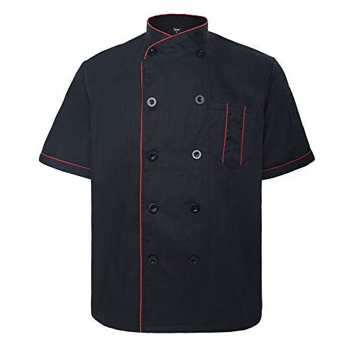 TOPTIE Unisex Short Sleeve Chef Coat Jacket, Black with Red