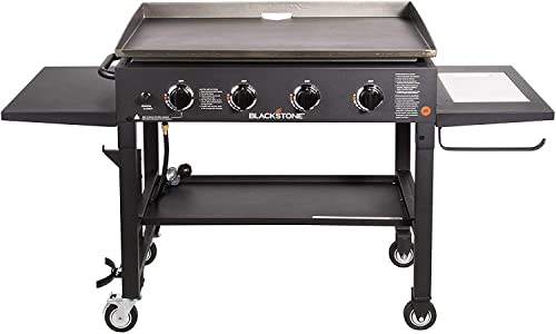 Blackstone 36'' Cooking Station 4 Burner Propane Fuelled Restaurant Grade Professional 36'' Outdoor Flat Top Gas Griddle with Built in Cutting Board, Garbage Holder and Side Shelf (1825), Black
