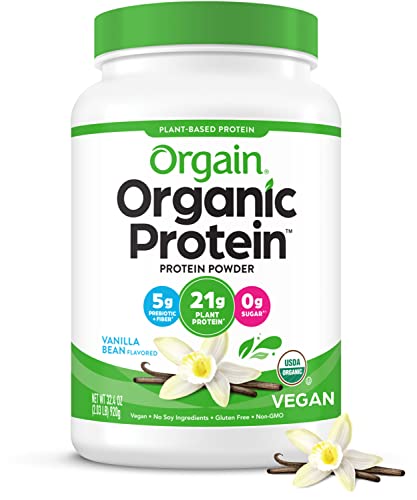 Orgain Organic Vegan Protein Powder, Vanilla Bean - 21g of Plant Based Protein, Low Net Carbs, Gluten Free, Lactose Free, No Sugar Added, Soy Free, Kosher, Non-GMO, 2.03 Lb