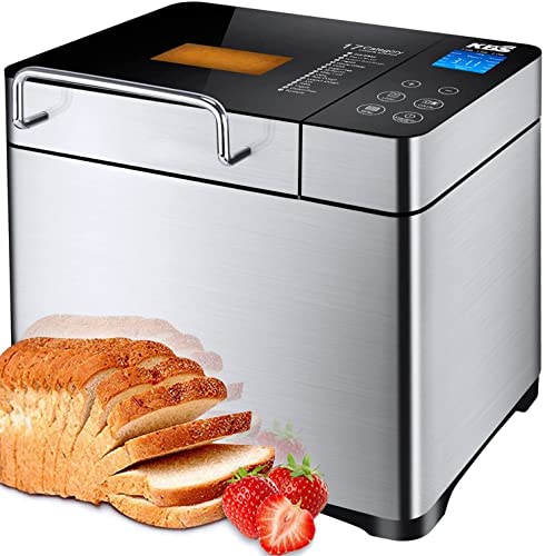 KBS Large 17-in-1 Bread Machine, 2LB All Stainless Steel Bread Maker with Auto Fruit Nut Dispenser, Nonstick Ceramic Pan, Full Touch Panel Tempered Glass, Reserve& Keep Warm Set, Oven Mitt and Recipes