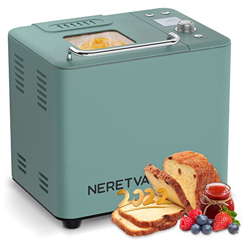 Neretva Bread Maker Machine , 20-in-1 2LB Automatic Breadmaker with Gluten Free Pizza Sourdough Setting, Digital, Programmable, 1 Hour Keep Warm, 2 Loaf Sizes, 3 Crust Colors - Receipe Booked Included (Green)