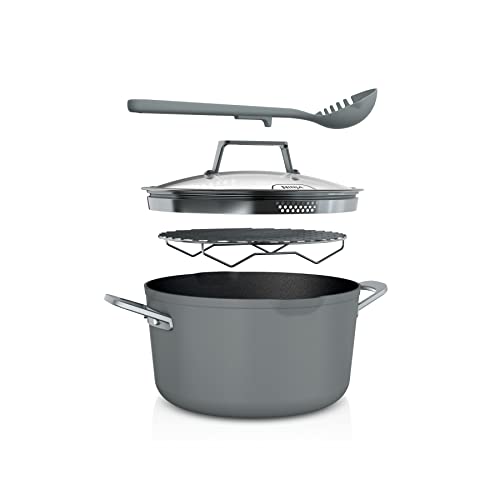 Ninja CW202GY Foodi NeverStick PossiblePot, Premium Set with 7-Quart Capacity Pot, Roasting Rack, Glass Lid & Integrated Spoon, Nonstick, Durable & Oven Safe to 500F, Sea Salt Grey