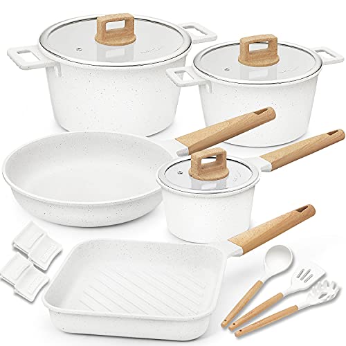 Cookware Set Nonstick 100% PFOA Free Induction Pots and Pans Set with Cooking Utensil 15 Piece  White