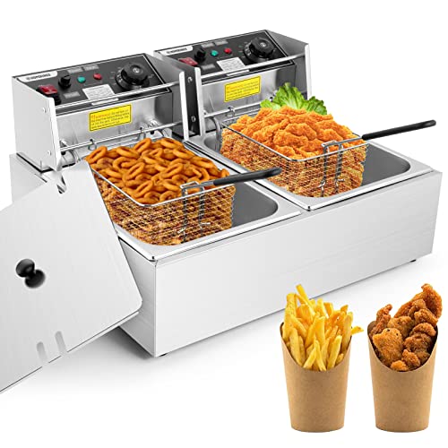 Professional-style Deep Fryer with Dual Baskets, 3400W 2x6L Stainless Steel Electric Commercial Deep Fryers, for Turkey French Fries Home Kitchen Restaurant, Total Capacity 20.7QT/19.6L