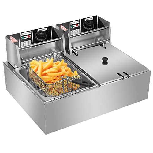 OLYM STORE 12.7QT Electric Deep Fryer w/2 Baskets & Lid,12L Countertop Stainless Steel Dual Tank Commercial Kitchen Frying Machine Double Fryer Temperature Adjustable, French Fries Turkey Donuts 5000W