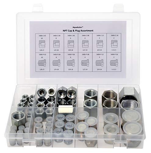 64 Pcs. Hydraulic NPT Pipe Fittings Cap & Plug Adapter Assortment Kit, Galvanized Steel with Precision Threading