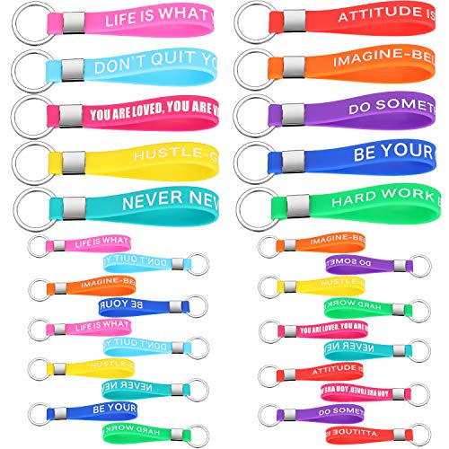 30 Pcs Inspirational Quote Keychains Silicone Rubber Key Rings Motivational Bracelet Key Chains with Inspirational Messages (Bright Colors)