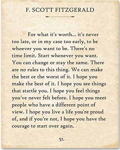 F. Scott Fitzgerald - For What It's Worth - 11x14 Inspirational Unframed Positive Quote Book Page Print Poster - Great Gift Decor for Men and Women