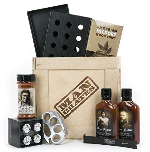 Man Crates Grill Master Crate with Wood Chips, Smoker Box, Sauce and Tenderizer  Great Gifts for Men