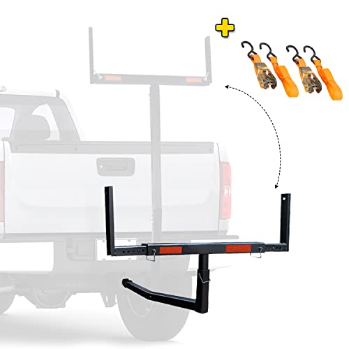 Mockins 2-in-1 Design 750lb Cap. Truck Bed Extender Hitch Mount & Ratchet Straps | Heavy Duty Steel Truck Bed Extenders | Bed Extenders for Trucks, SUV, Vans |for Ladder, Canoe, Kayak, Pipes, Lumber