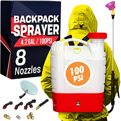 4.2 Gallon Battery Powered Backpack Sprayer - 8 Nozzles, 240ml Measuring Bottle, 100PSI Cutoff Pressure, Long Battery Life, Wide Mouth, High-Pressure Spray Hose, Trigger Lock, Pressure Knob Controller