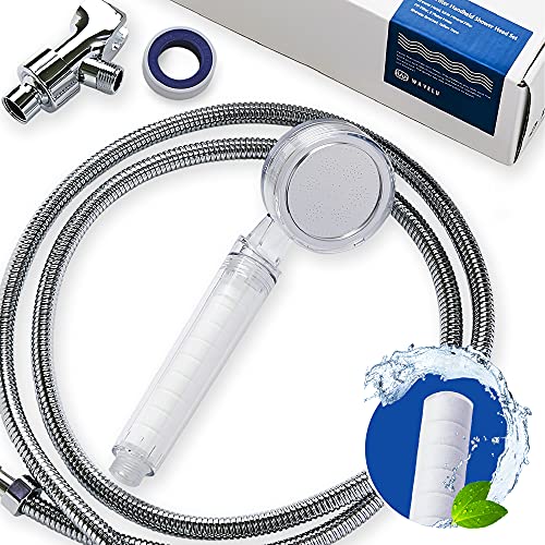 WAVELU Handheld Filtered Shower Head Set [Hose & Bracket Included] - Dual Filter Removes Chlorine & Rust | High Pressure | Reduce Dry & Itchy Skin | Water Saving | Easy Installation