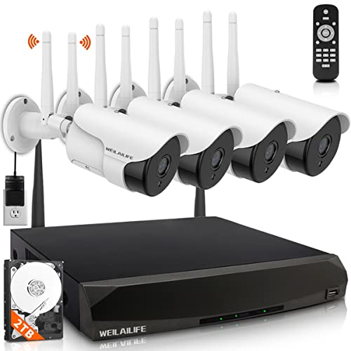 {3.0MP & Two-Way Audio} 2K Wireless CCTV Security Camera System, Dual Antennas WiFi 8CH Surveillance Monitor NVR with 2TB Hard Drive, 4Pcs AI Detection IP Video Camera Set, Night Vision, Waterproof