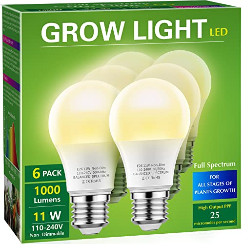 Grow Light Bulbs, Briignite LED Grow Light Bulb A19 Bulb, Full Spectrum Grow Light Bulb, Plant Light Bulbs E26 Base, 11W Grow Bulb 100W Equivalent, Grow Light for Indoor Plants, Seed Starting, 6 Pack