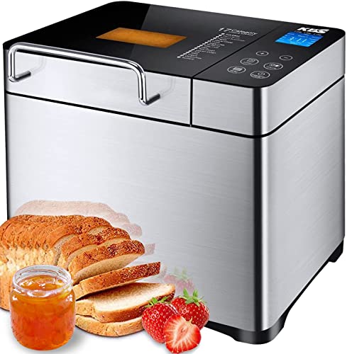 KBS Large 17-in-1Bread Machine, 2LBAll Stainless Steel Bread Maker with Auto Fruit Nut Dispenser, Nonstick Ceramic Pan, Full Touch Panel Tempered Glass, Reserve& Keep WarmSet, Oven Mitt and Recipes