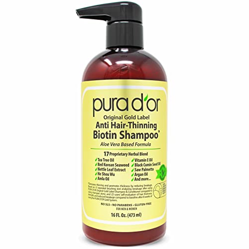 PURA D'OR Original Gold Label Anti-Thinning Biotin Shampoo (16oz) Argan Oil, Nettle Extract, Saw Palmetto, 17+ Herbal DHT Blockers, No Sulfates, Natural Preservatives, Men & Women (Packaging may vary)