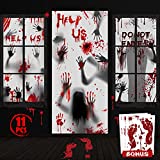 11PCS Halloween Window Door Decorations Cover Set, 6PCS Halloween Window Clings 2PCS Halloween Door Cover 3 Set of Floor Clings Bloody Handprints Zombie for Haunted House Halloween Decorations