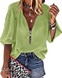 Cnkwei Womens V-Neck Lantern Sleeve Blouse Zipper Design Loose Casual Top Shirts Green