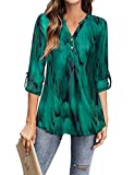 Messic Blouses & Button Down Shirts, Flower Tops for Women Casual V Neck Henley Tops Long Sleeve Pleat Soft Surroundings Tunic Tops Peacock Blue,XXL